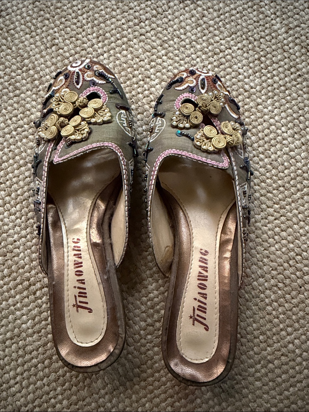 Vintage Embellished Olive Slip-On Mules with Pink Trim
